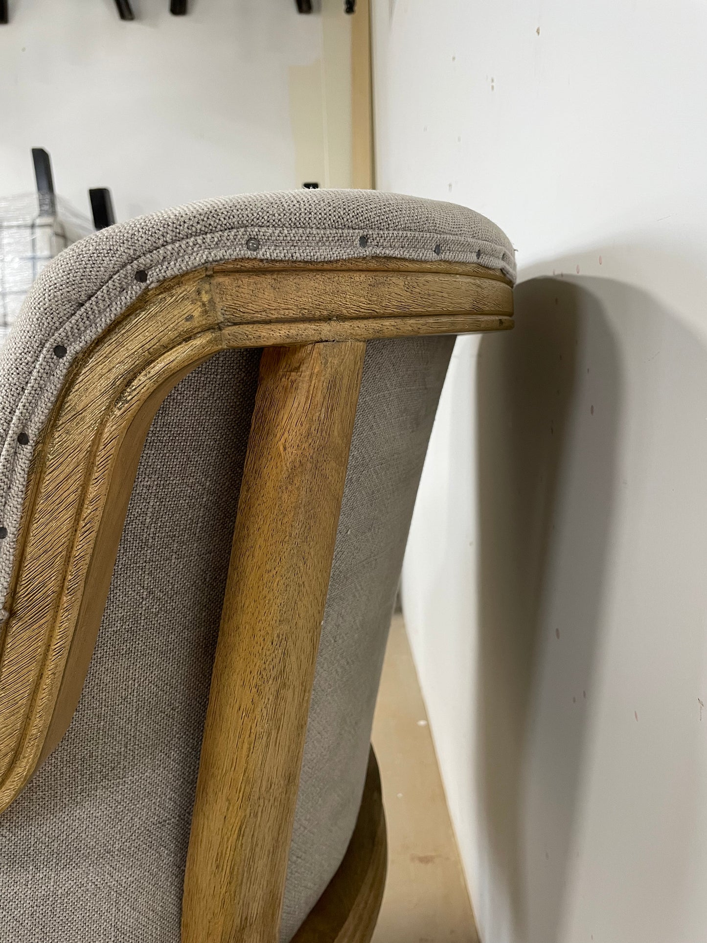 Deconstructed grey linen club chair