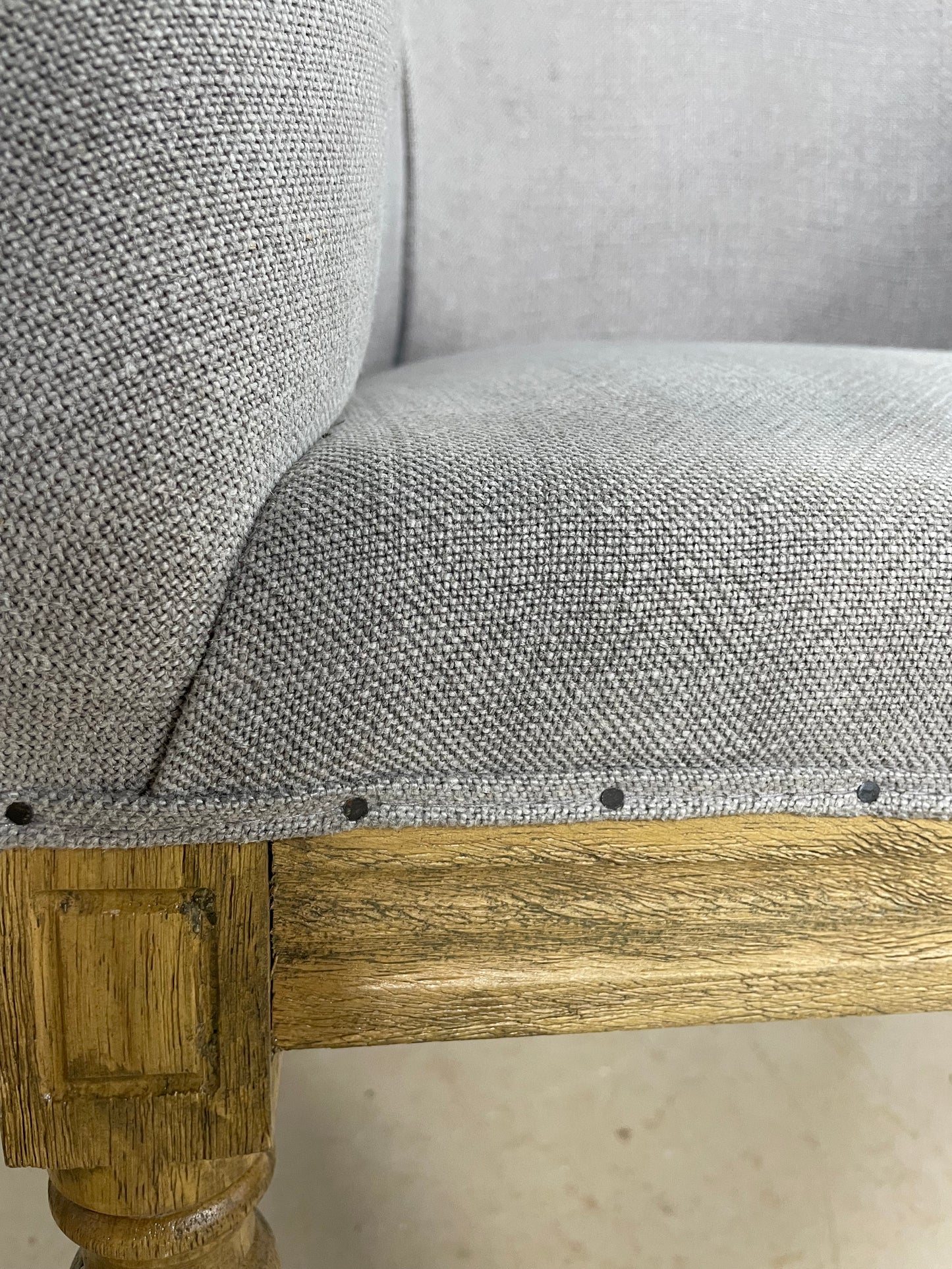 Deconstructed grey linen club chair