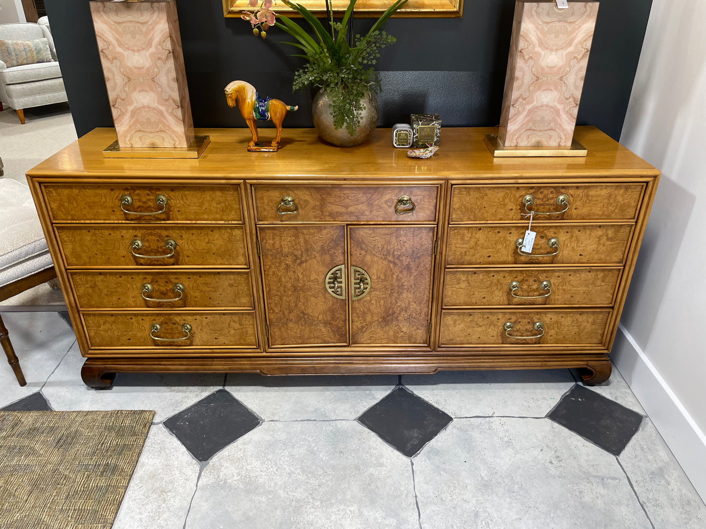 Asian Chinoiserie Burlwood Dresser by American of Martinsville