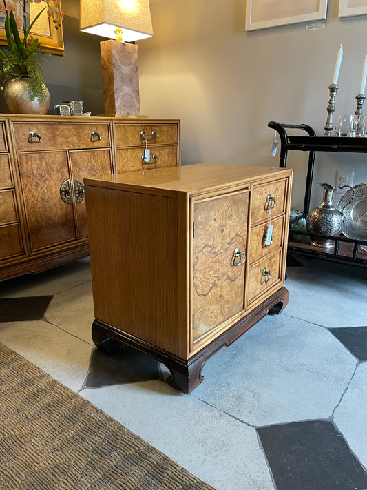 Asian Chinoiserie Burlwood side chest by American of Martinsville